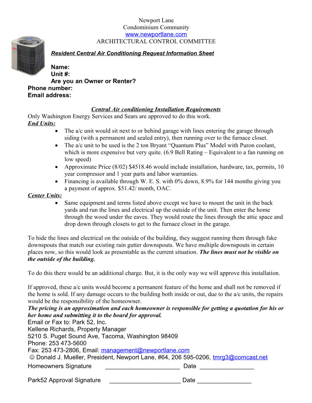 Residentcentral Air Conditioning Request Information Sheet