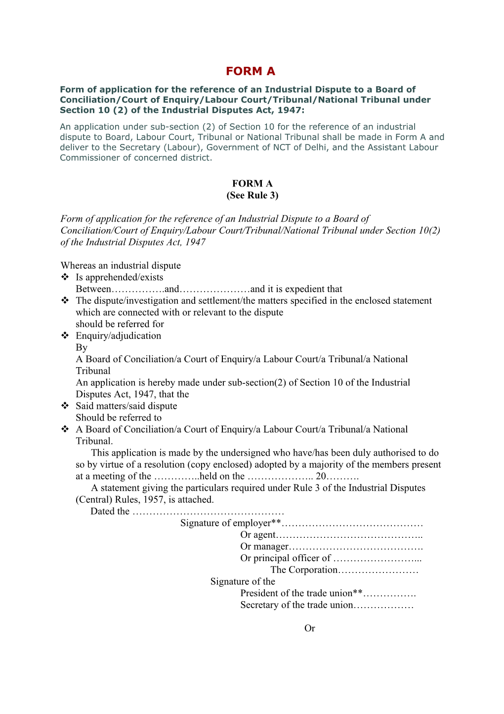 Form of Application for the Reference of an Industrial Dispute to a Board of Conciliation/Court