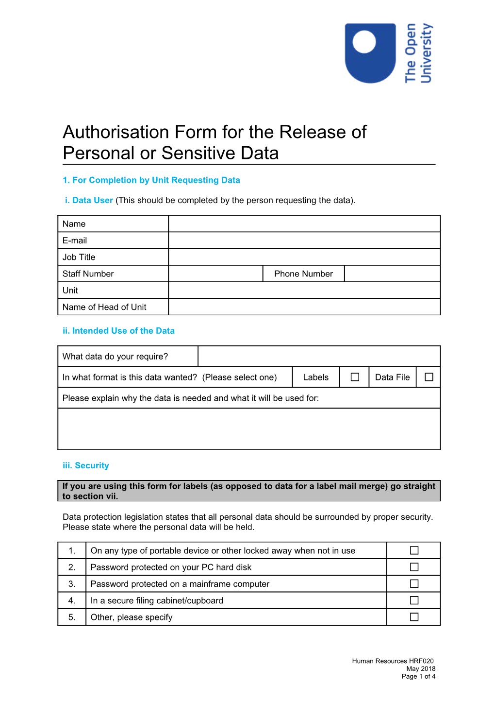 Autorisation Form for the Release of Personal Or Sensitive Data HRF020