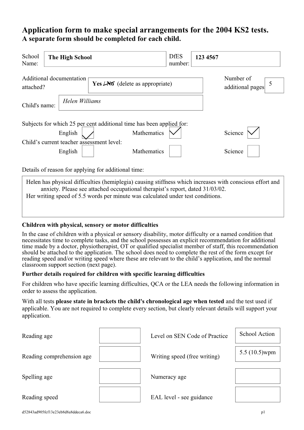 Application Form to Make Special Arrangements for the 2003 KS2 Tests