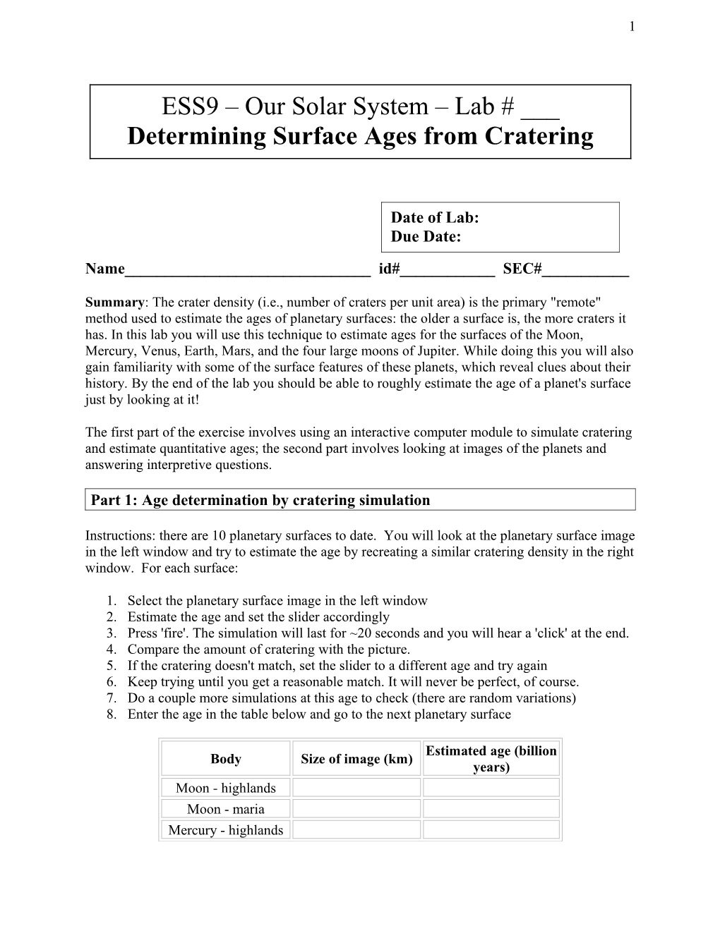 Part 1: Age Determination by Cratering Simulation