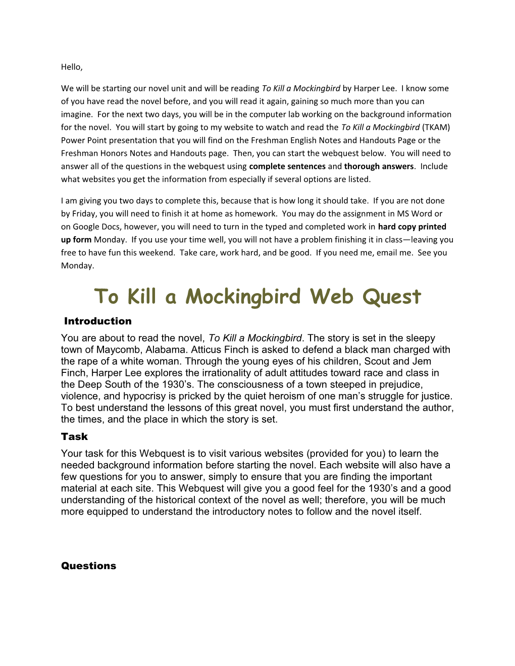 To Kill a Mockingbird Web Quest