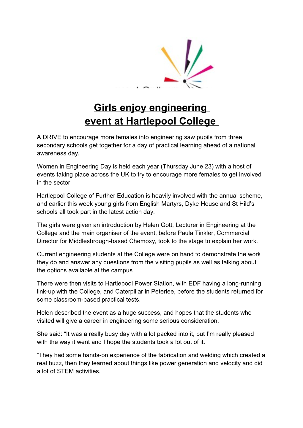 Girls Enjoy Engineering Event at Hartlepool College
