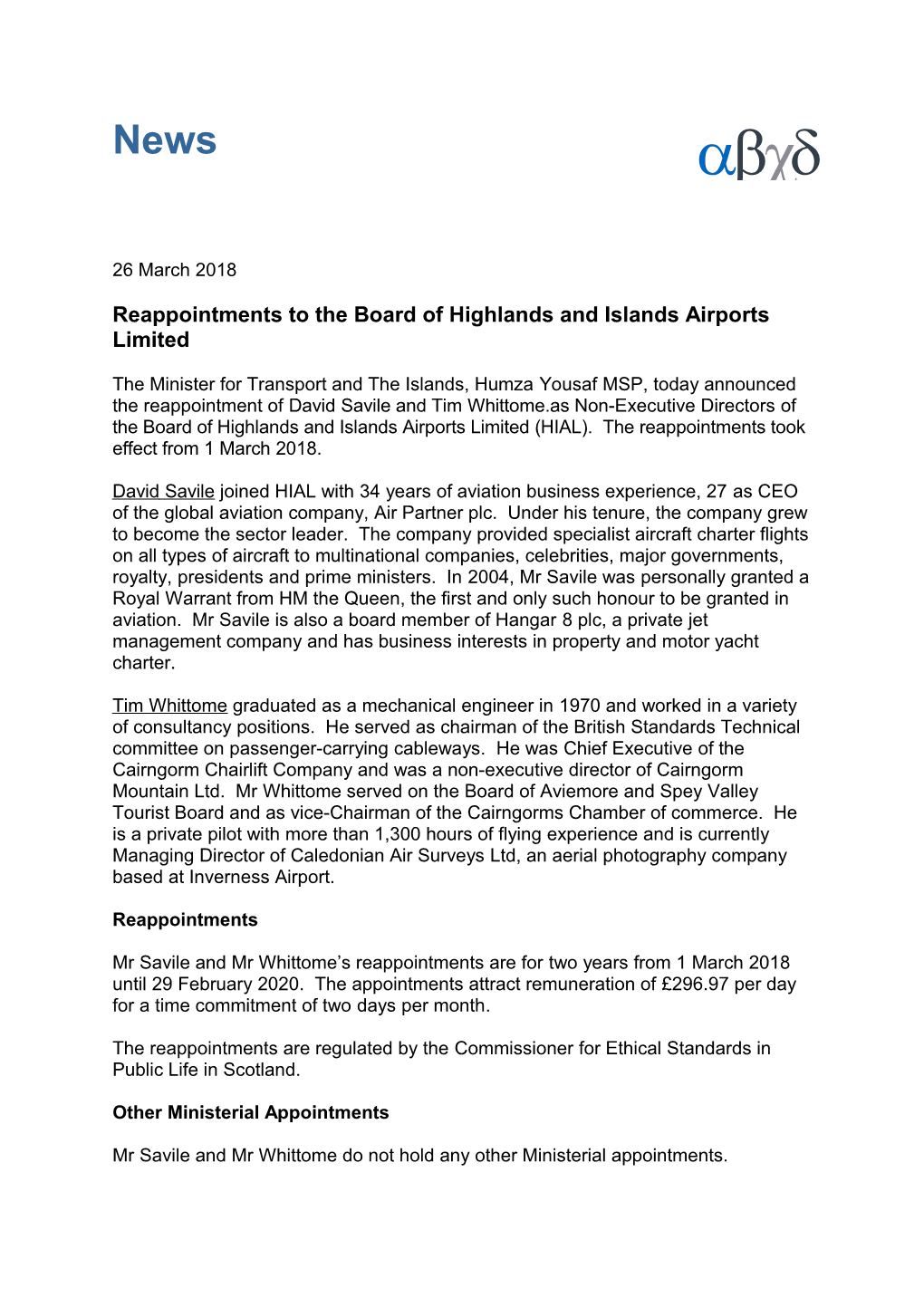Reappointments to the Board of Highlands and Islands Airports Limited
