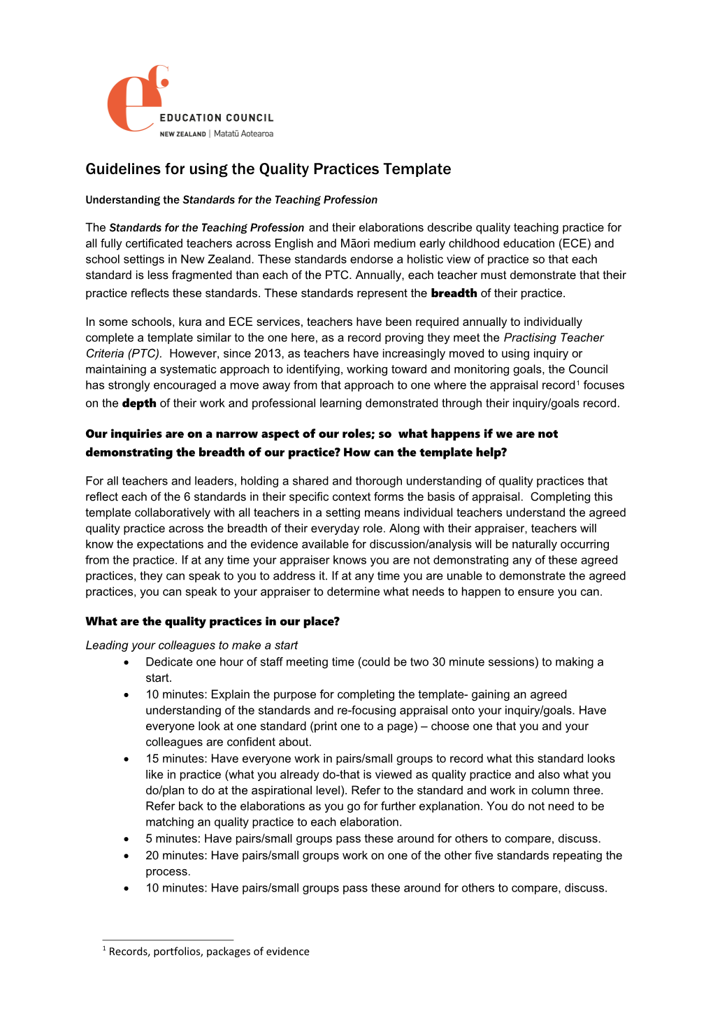 Guidelines for Using the Quality Practices Template