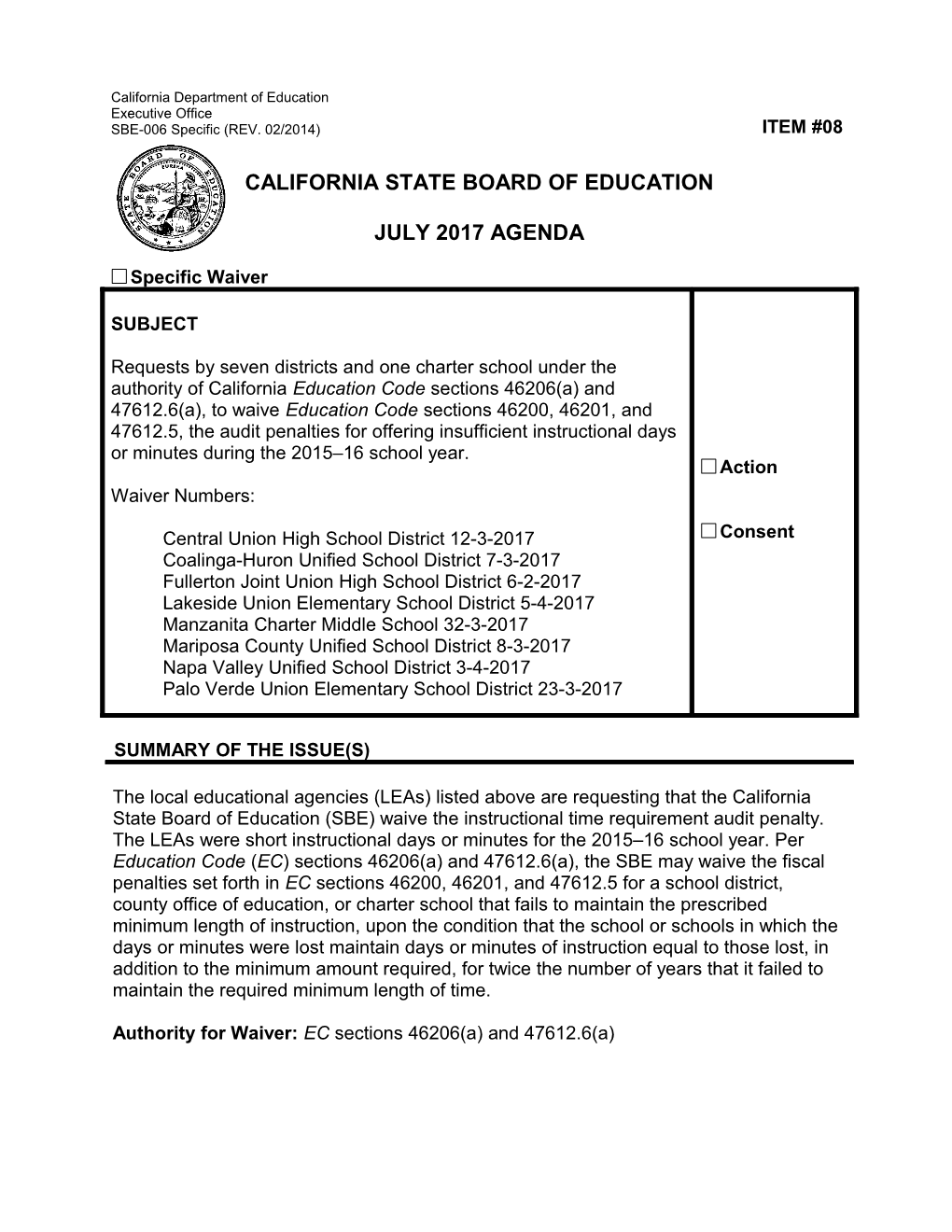 July 2017 Waiver Item W-08 - Meeting Agendas (CA State Board of Education)