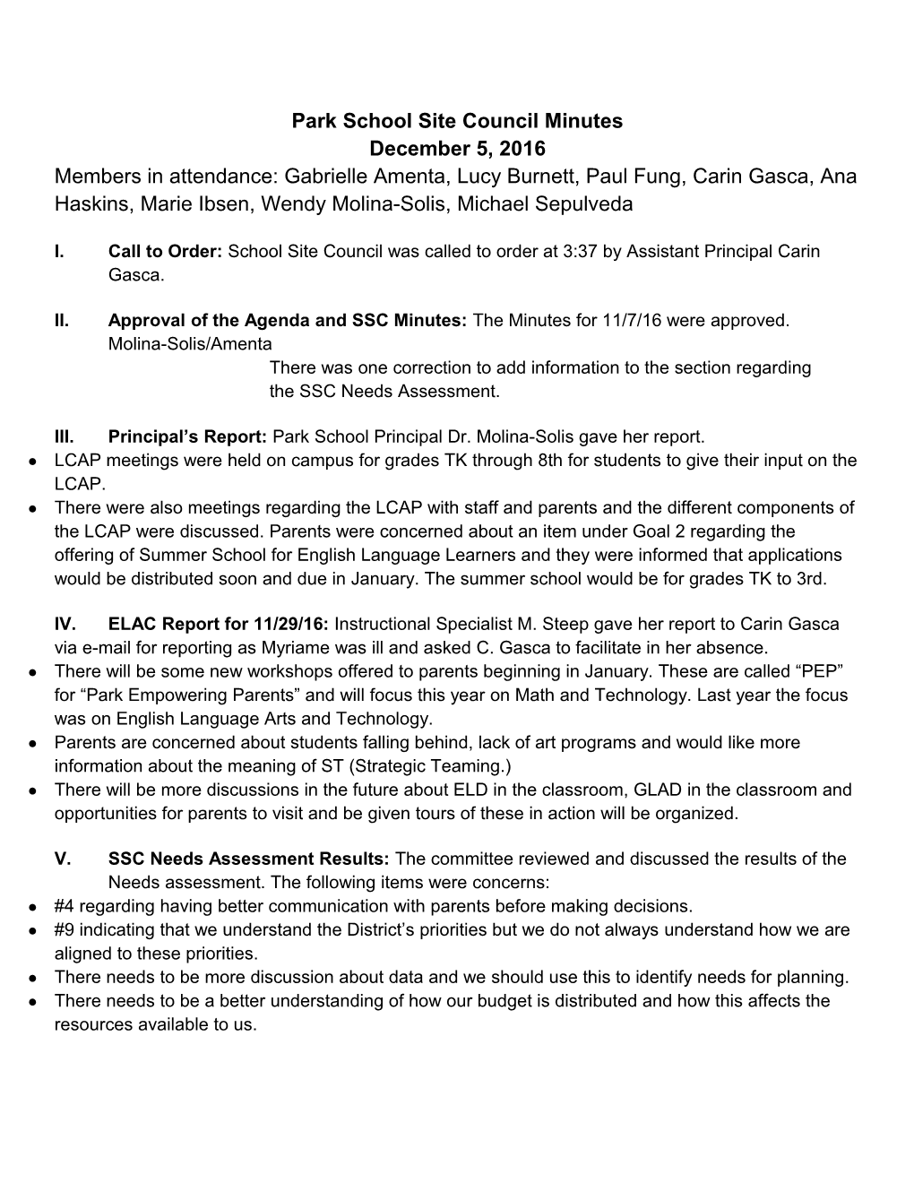 Park School Site Council Minutes