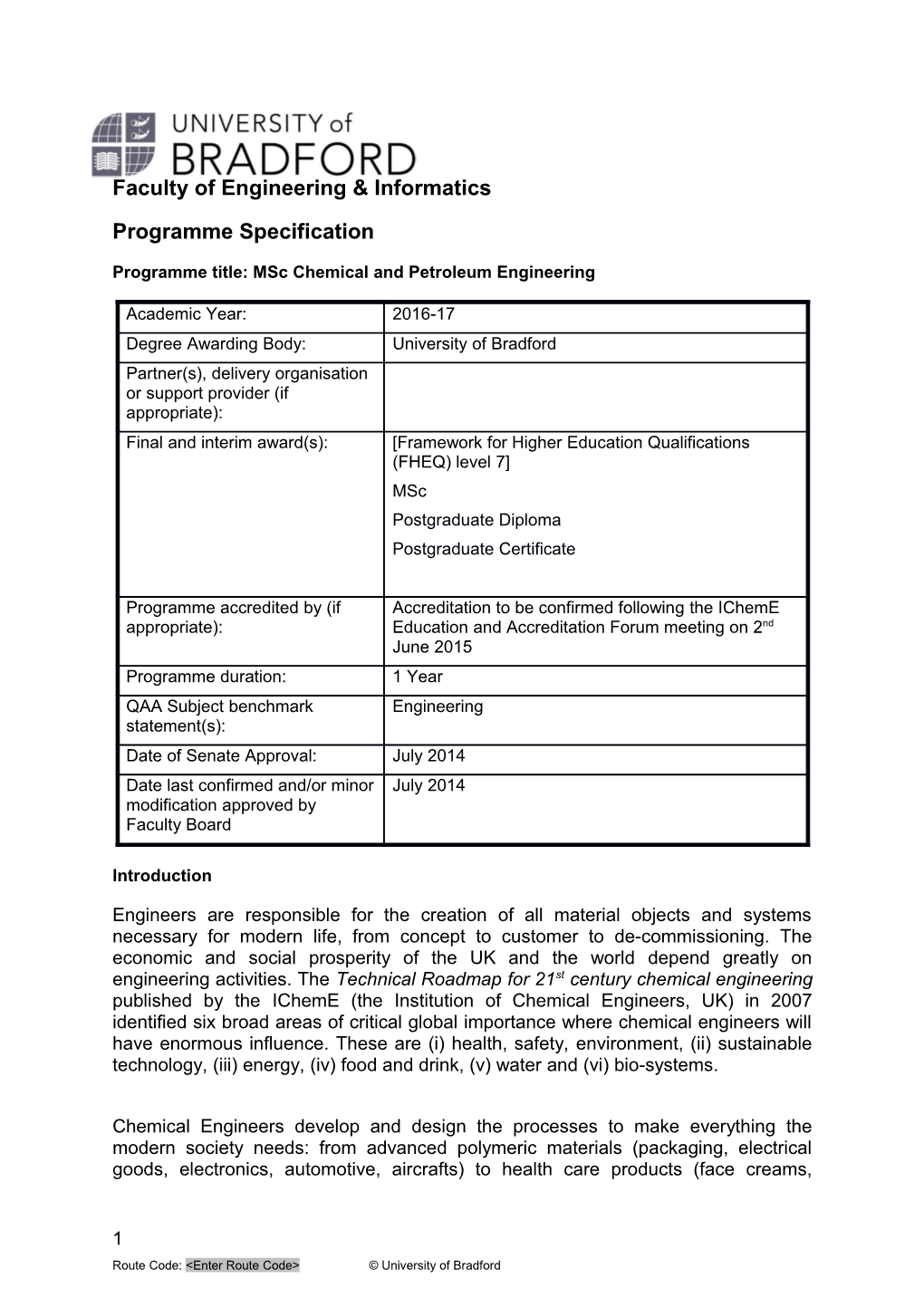 Programme Title: Msc Chemical and Petroleum Engineering