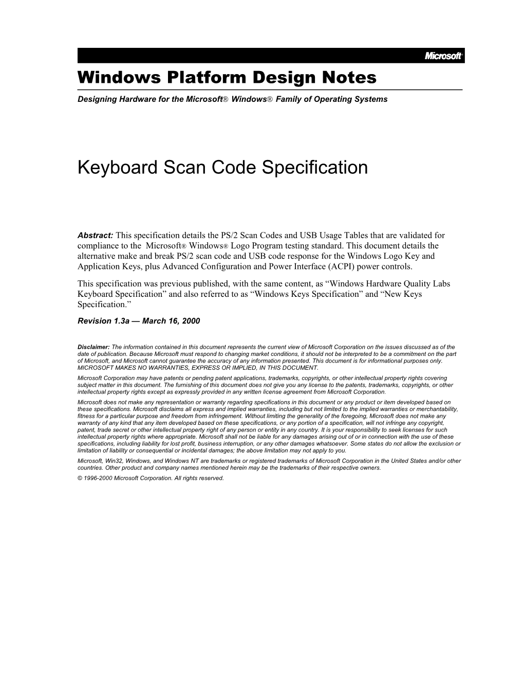 Keyboard Scan Code Specification
