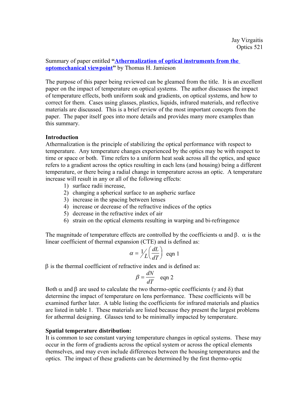 Review of Paper Entitled Athermalization of Optical Instruments from the Optomechanical