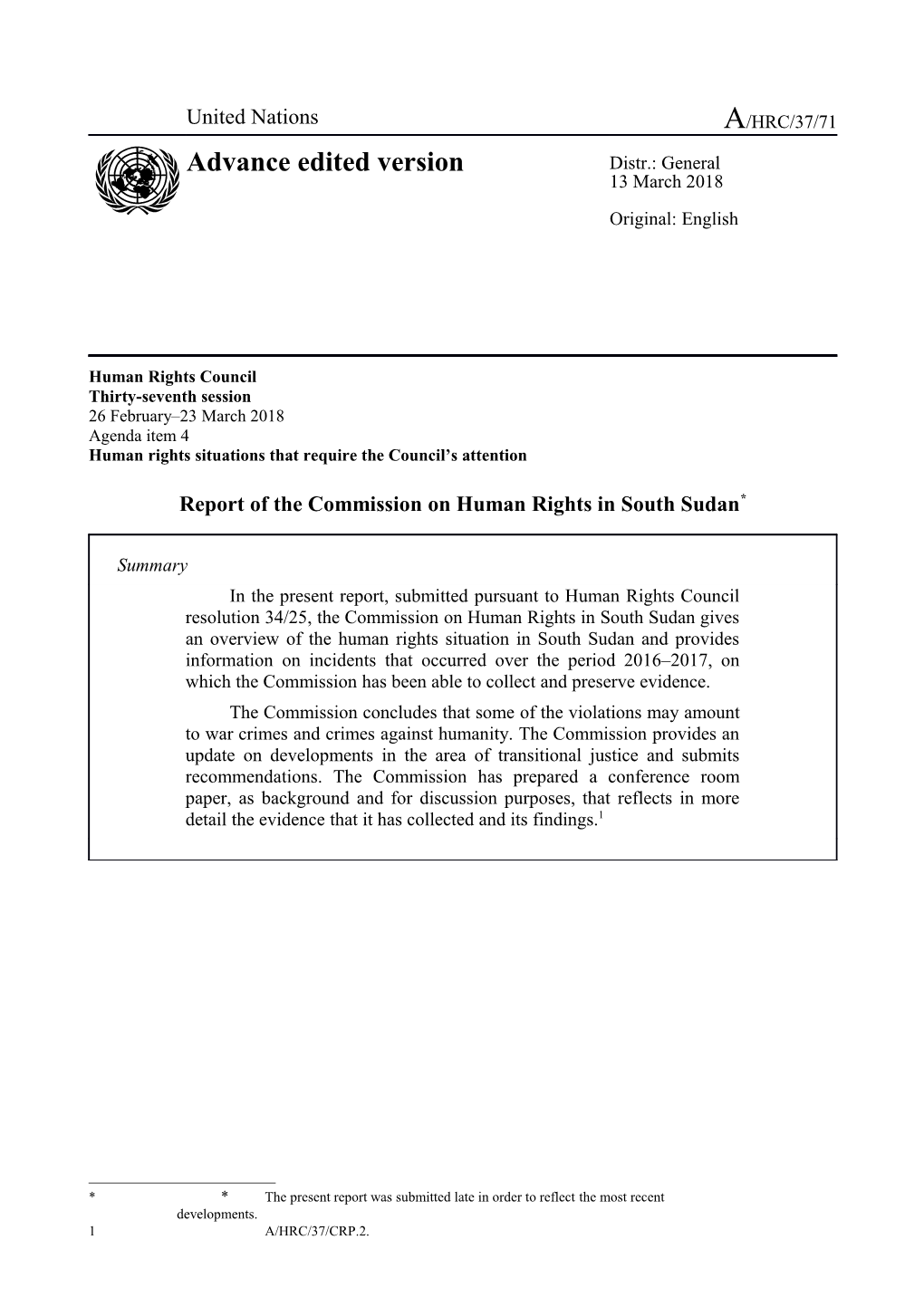 Report of the Commission on Human Rights in South Sudan