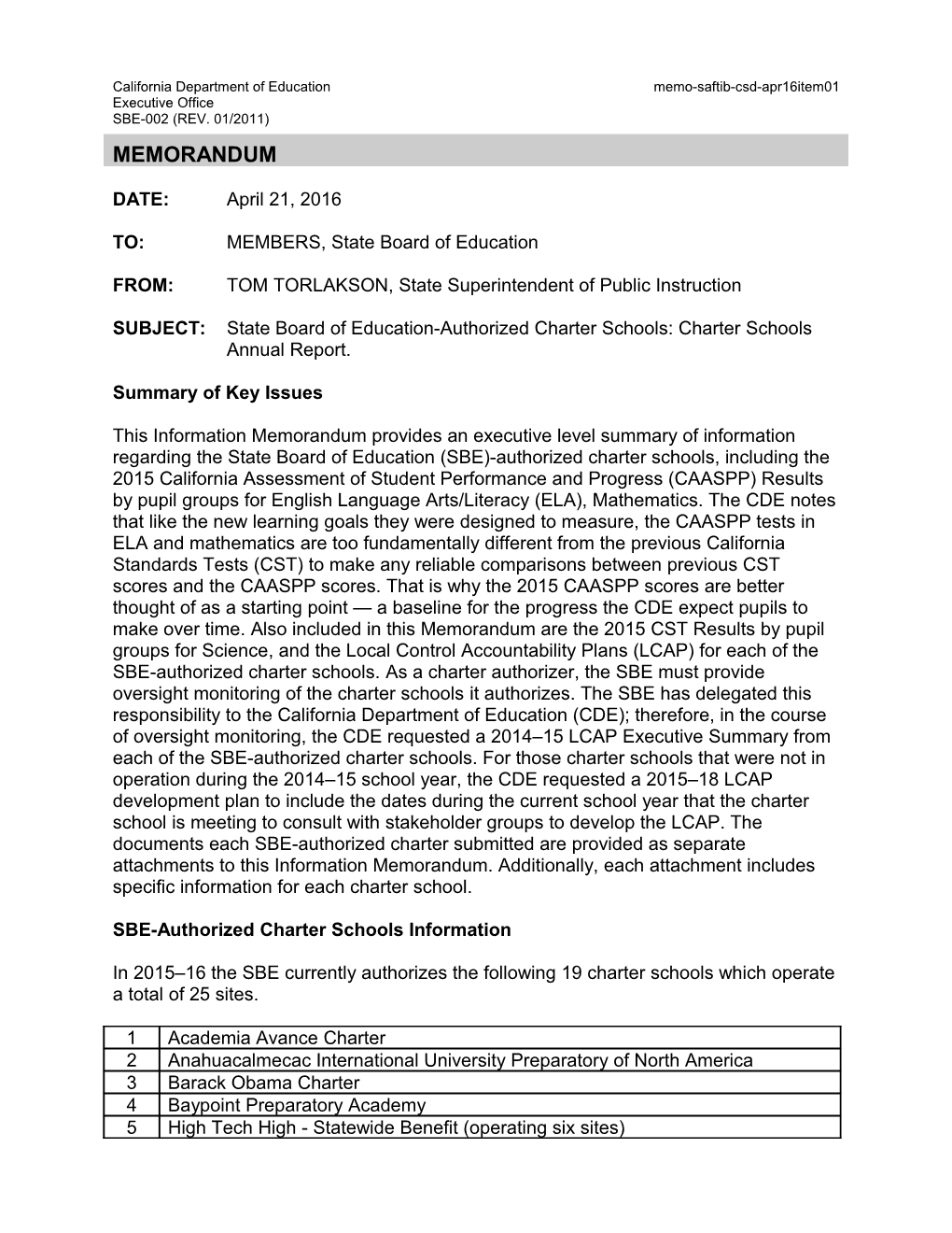 April 2016 Memo CSD Item 01 Revised - Information Memorandum (CA State Board of Education)