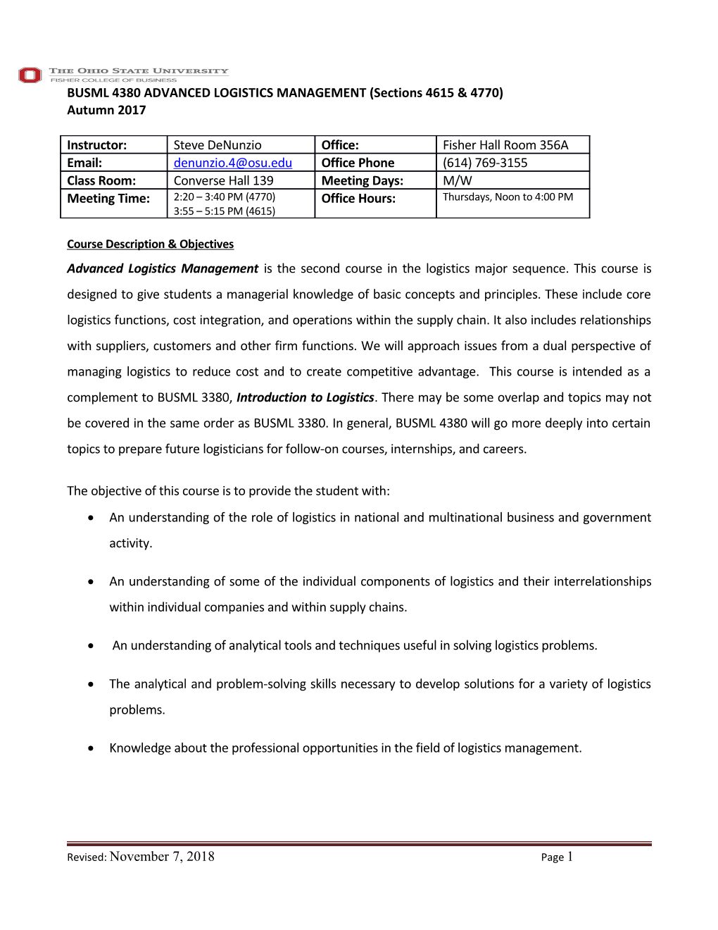 BUSML 4380ADVANCED LOGISTICS MANAGEMENT (Sections 46154770)