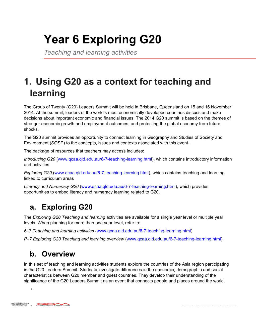 Year 6 Exploring G20: Teaching and Learning Activities