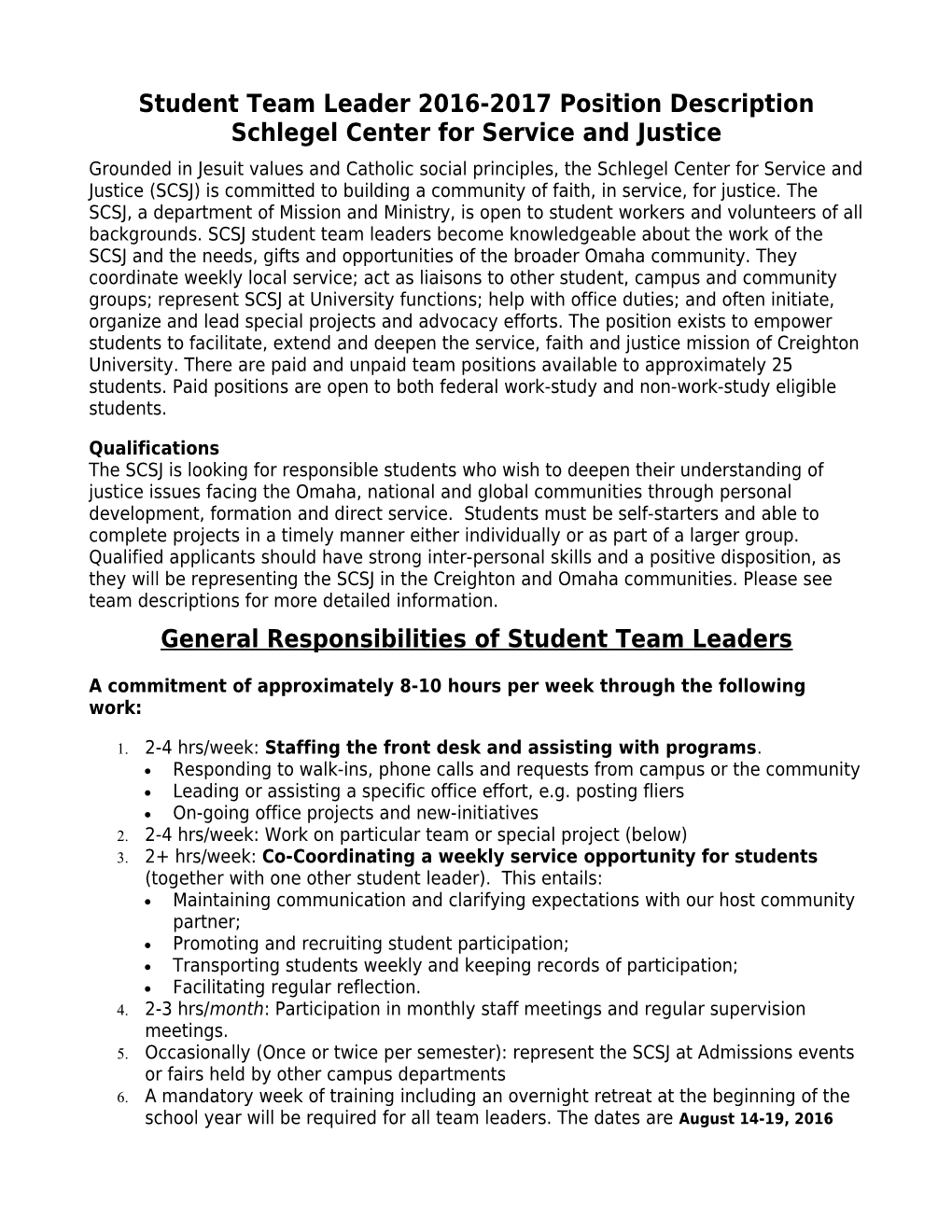 Student Team Leader 2016-2017 Position Description