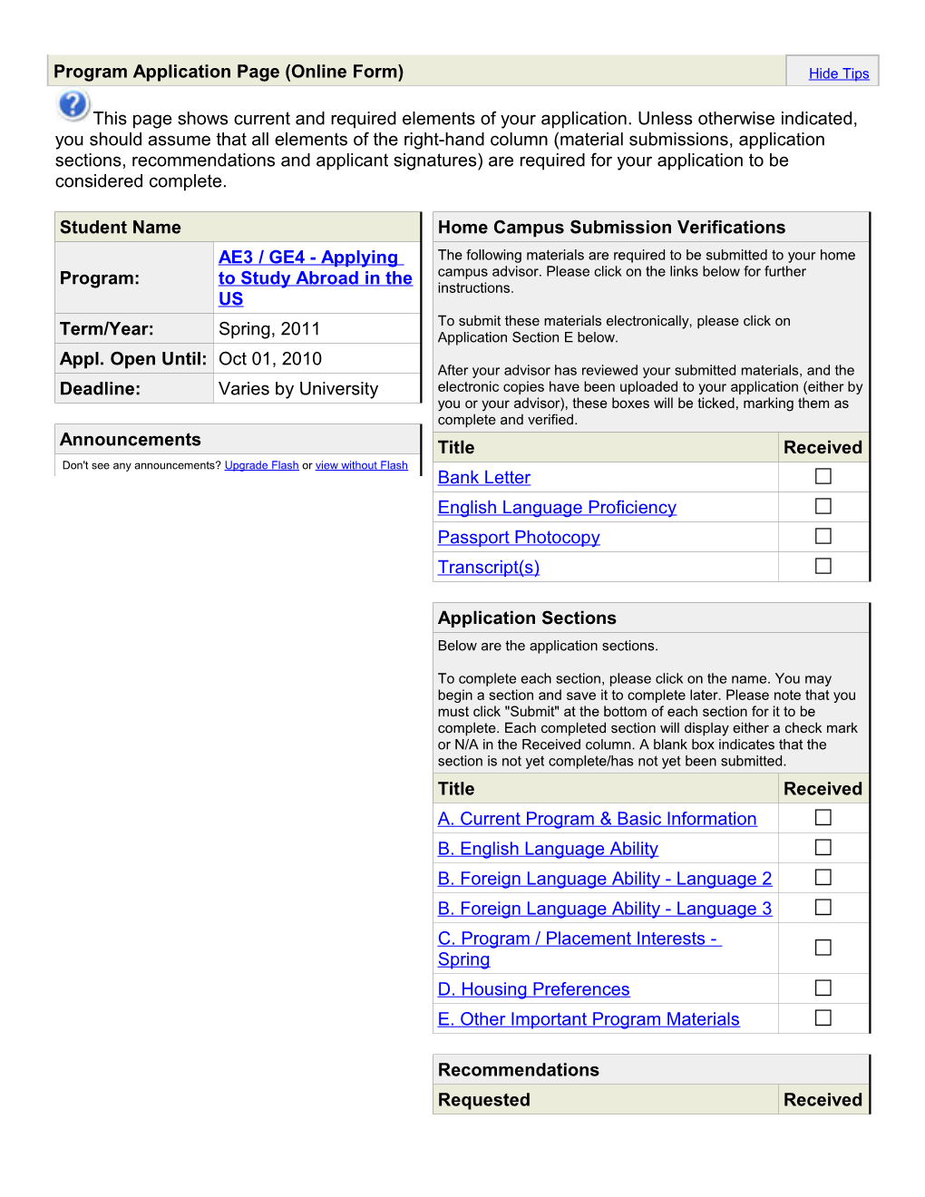Program Application Page (Online Form)