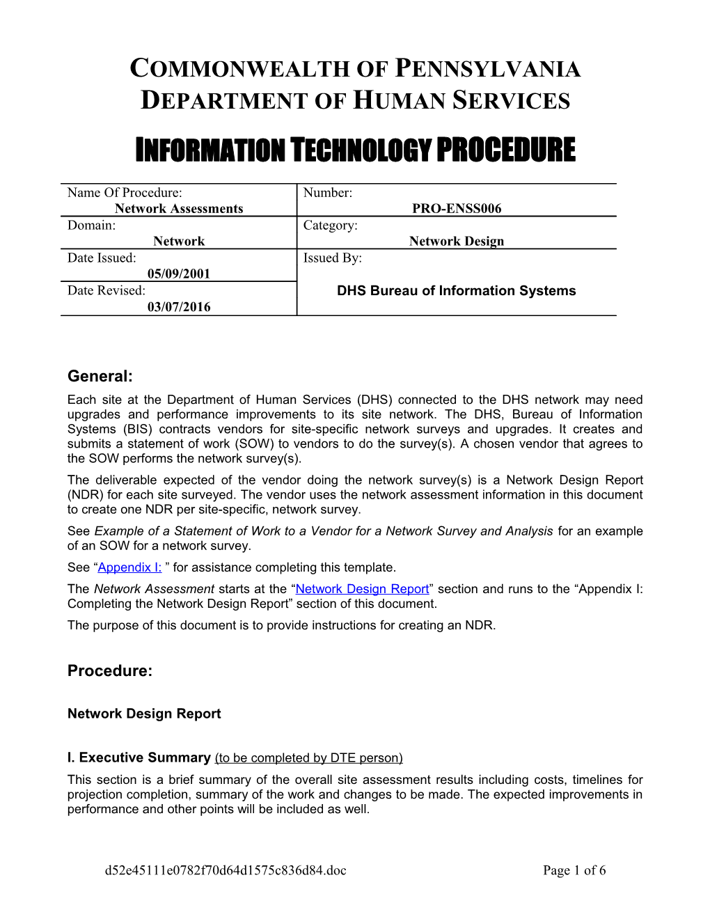 Procedure for Network Assessments