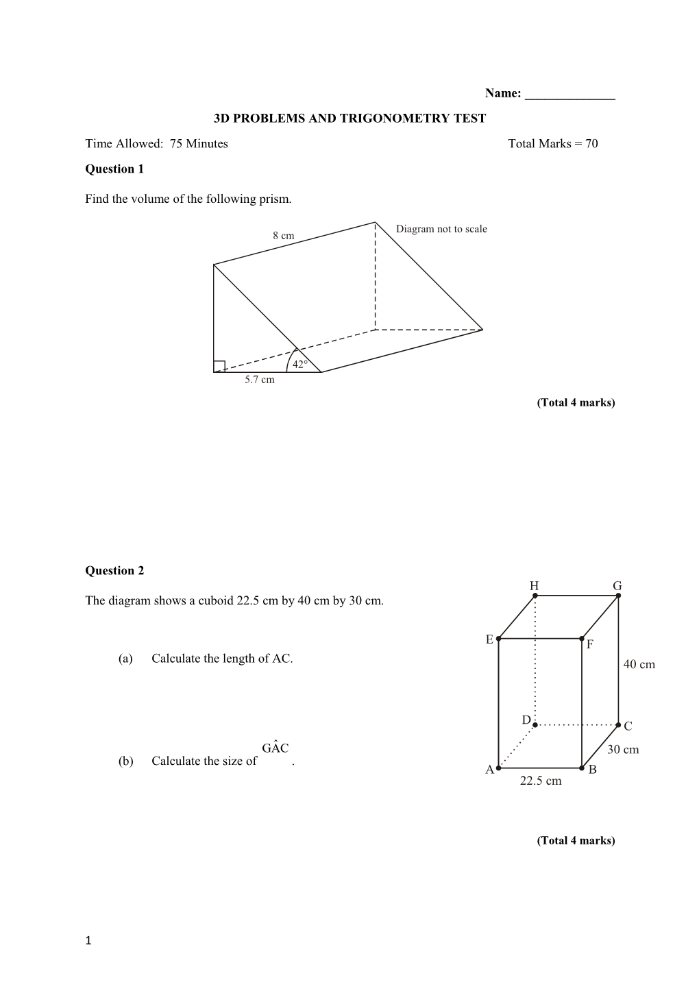 3D Problems and Trigonometry Test