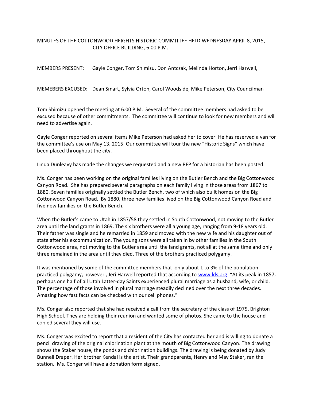 Minutes of the Cottonwood Heights Historic Committee Held Wednesday April 8, 2015