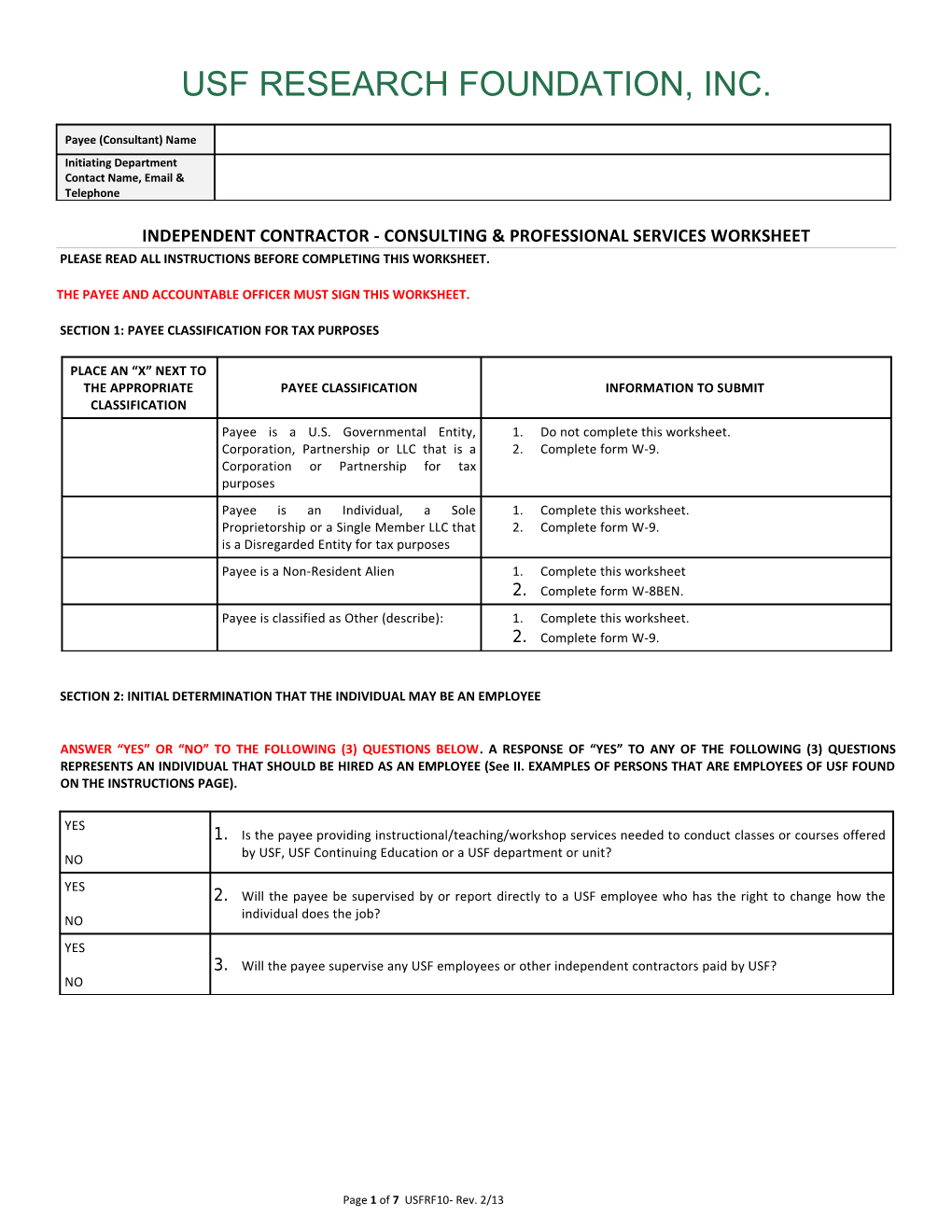 Independent Contractor- Consulting Professional Services Worksheet