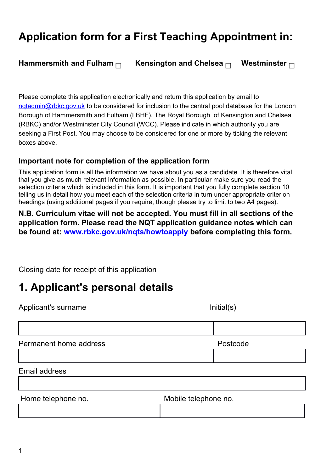 Application Form for a First Teaching Appointment In