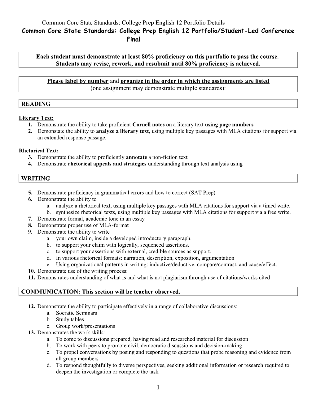 Common Core State Standards: College Prep English 12 Portfolio/Student-Led Conference Final