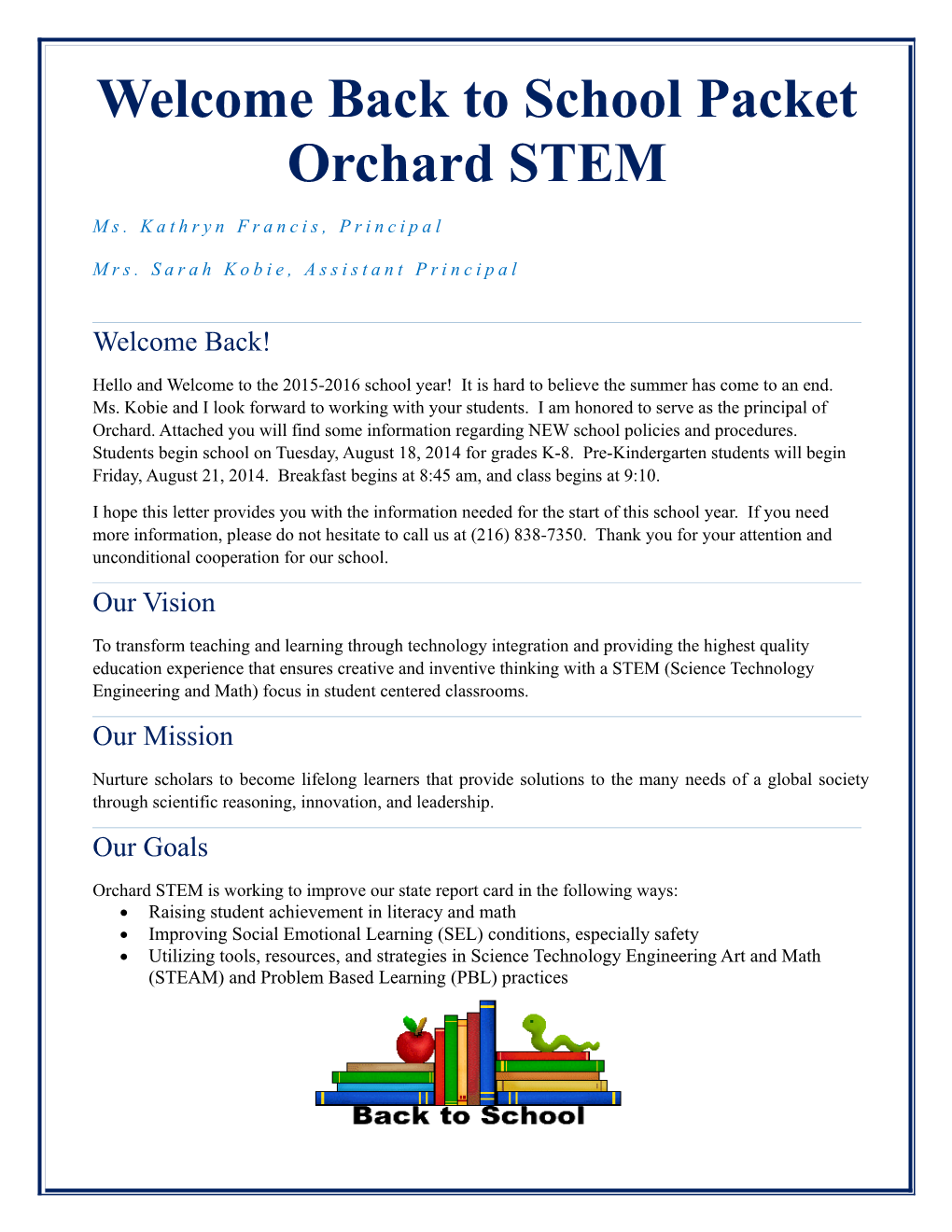 Welcome Back to School Packet Orchard STEM