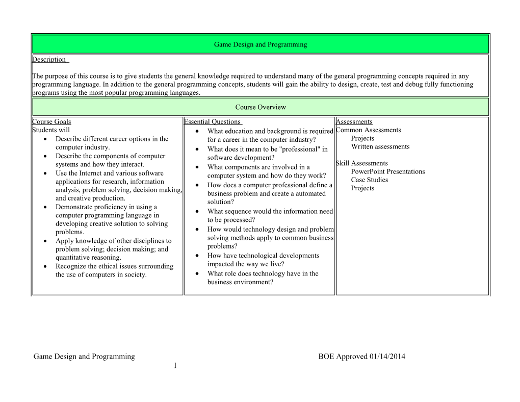 Game Design and Programming