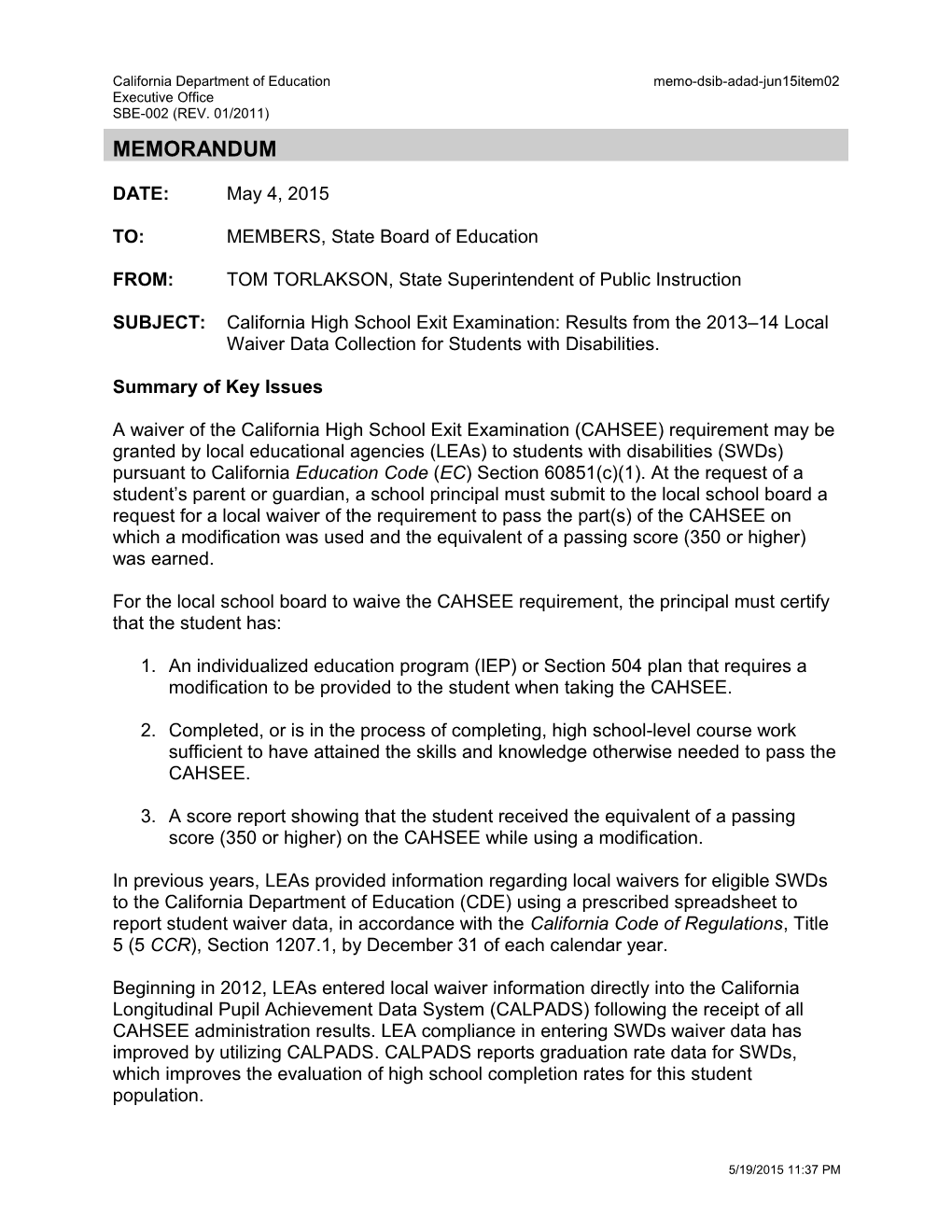 June 2015 Memorandum Item 02 - Information Memorandum (CA State Board of Education)