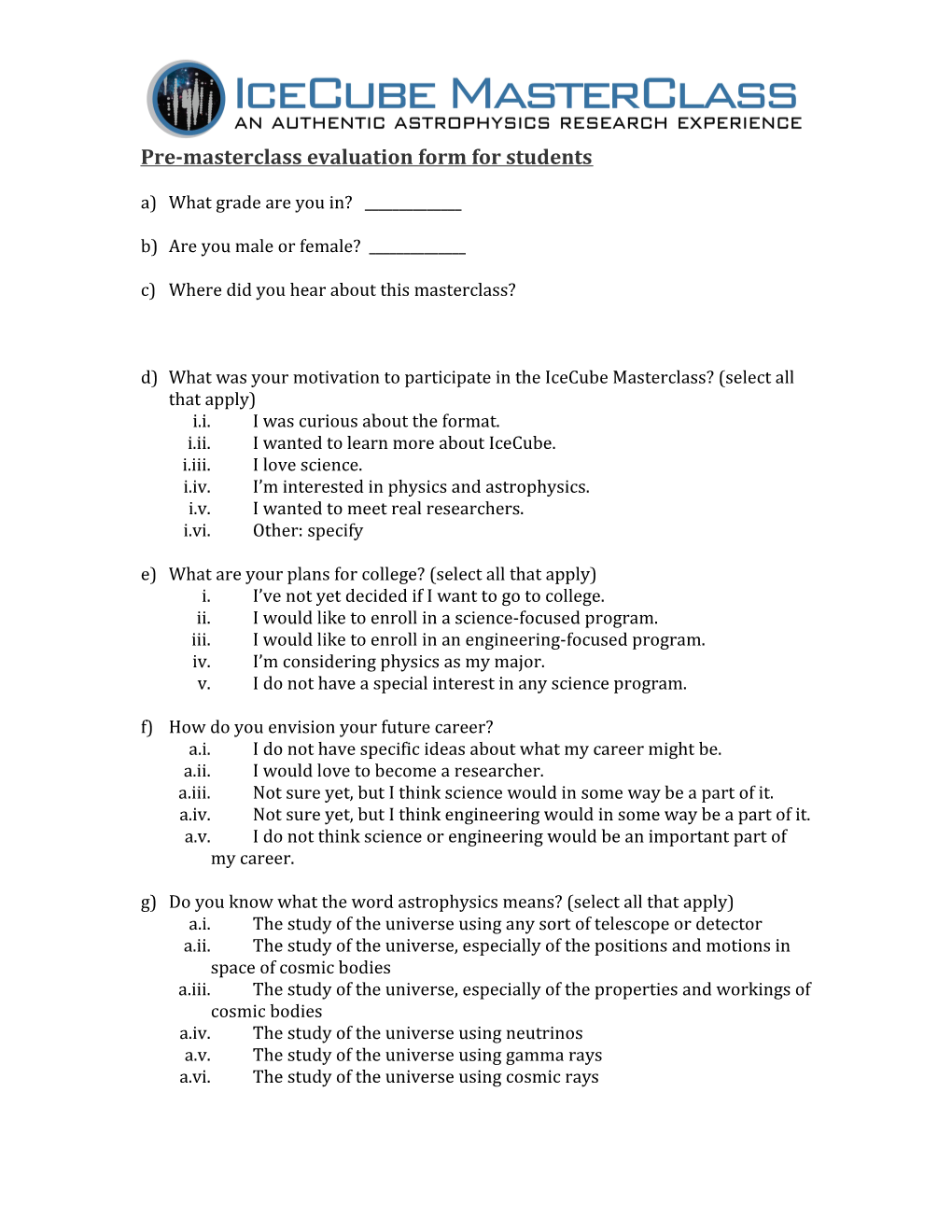 Pre-Masterclass Evaluation Form for Students
