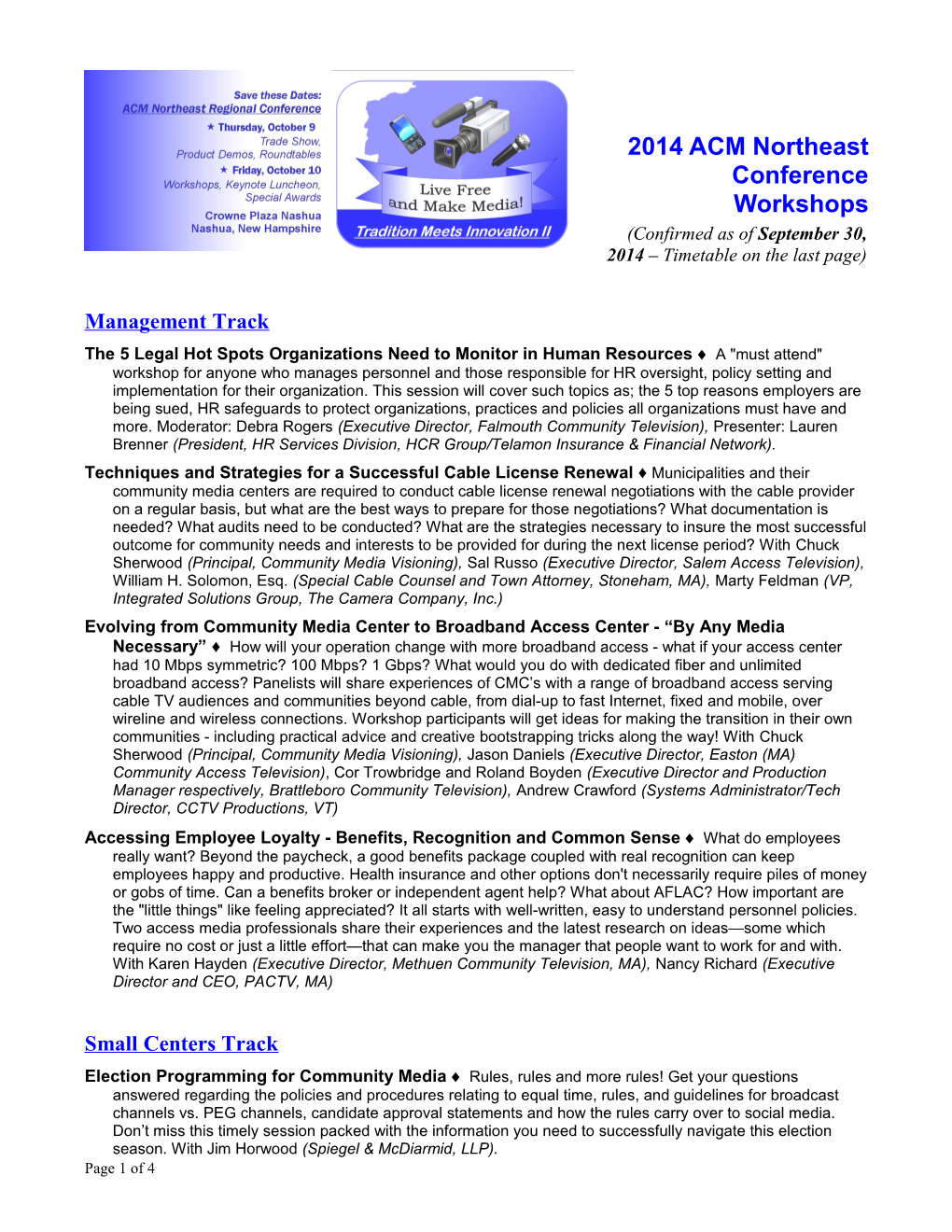 2014 ACM Northeast Conference Workshops