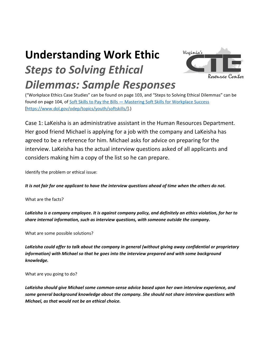 Steps to Solving Ethical Dilemmas: Sample Responses