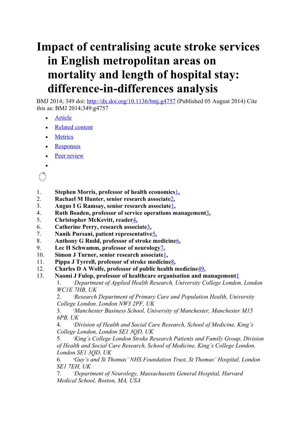 Impact of Centralising Acute Stroke Services in English Metropolitan Areas on Mortality