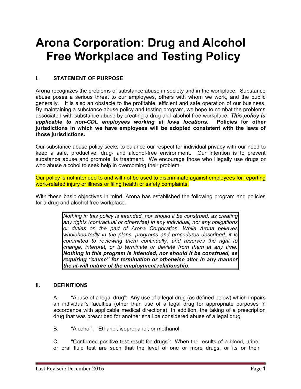 Arona Corporation: Drug and Alcohol Free Workplace and Testing Policy