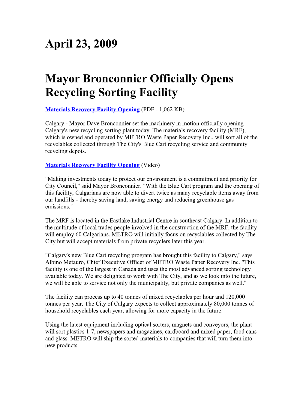 Mayor Bronconnier Officially Opens Recycling Sorting Facility