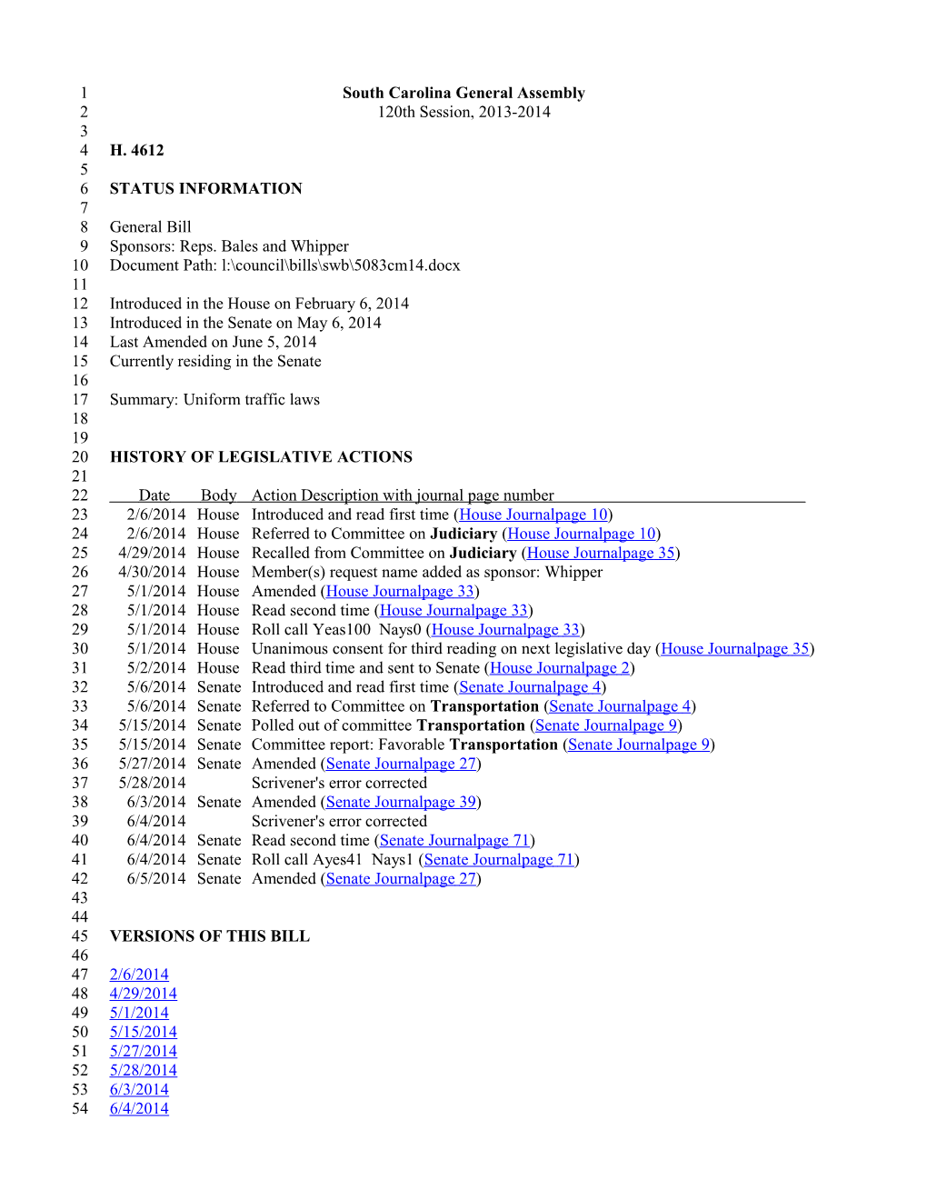 2013-2014 Bill 4612: Uniform Traffic Laws - South Carolina Legislature Online