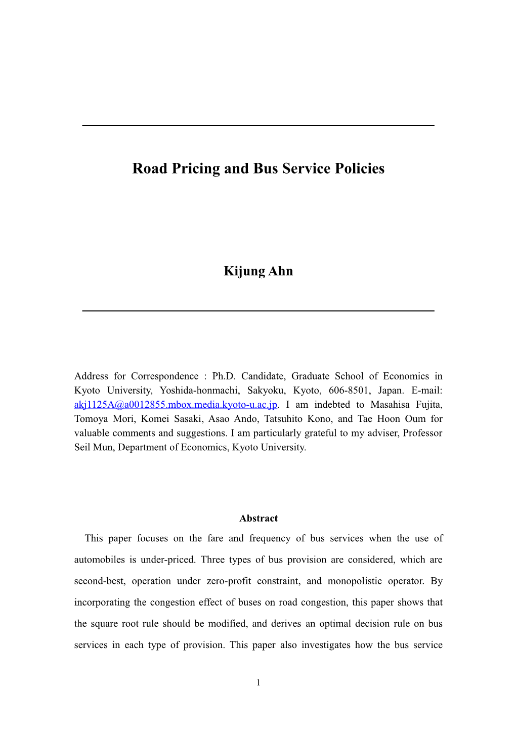 Road Pricing And