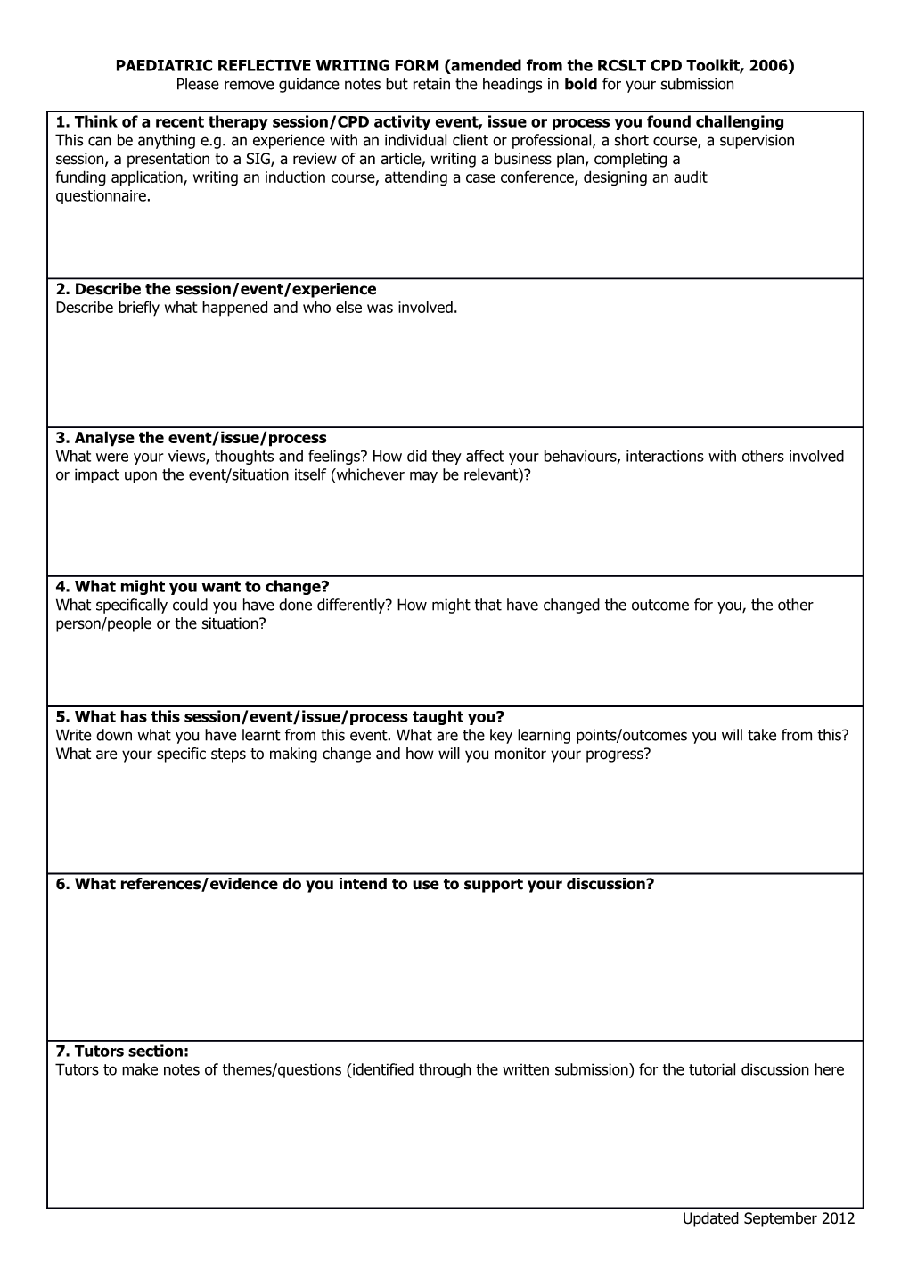 PAEDIATRIC REFLECTIVE WRITING FORM (Amended from the RCSLT CPD Toolkit, 2006)