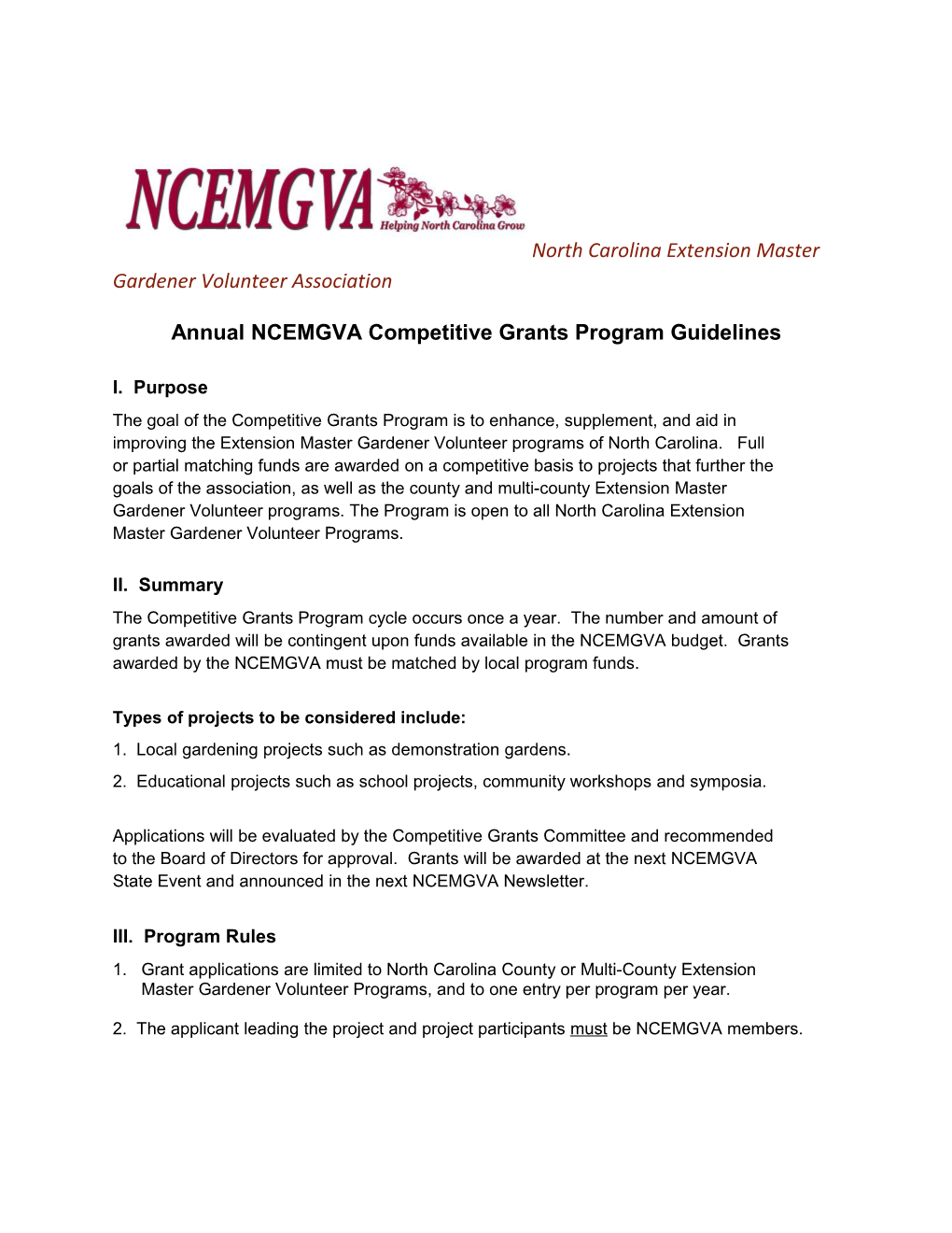 Annual NCEMGVA Competitive Grants Program Guidelines