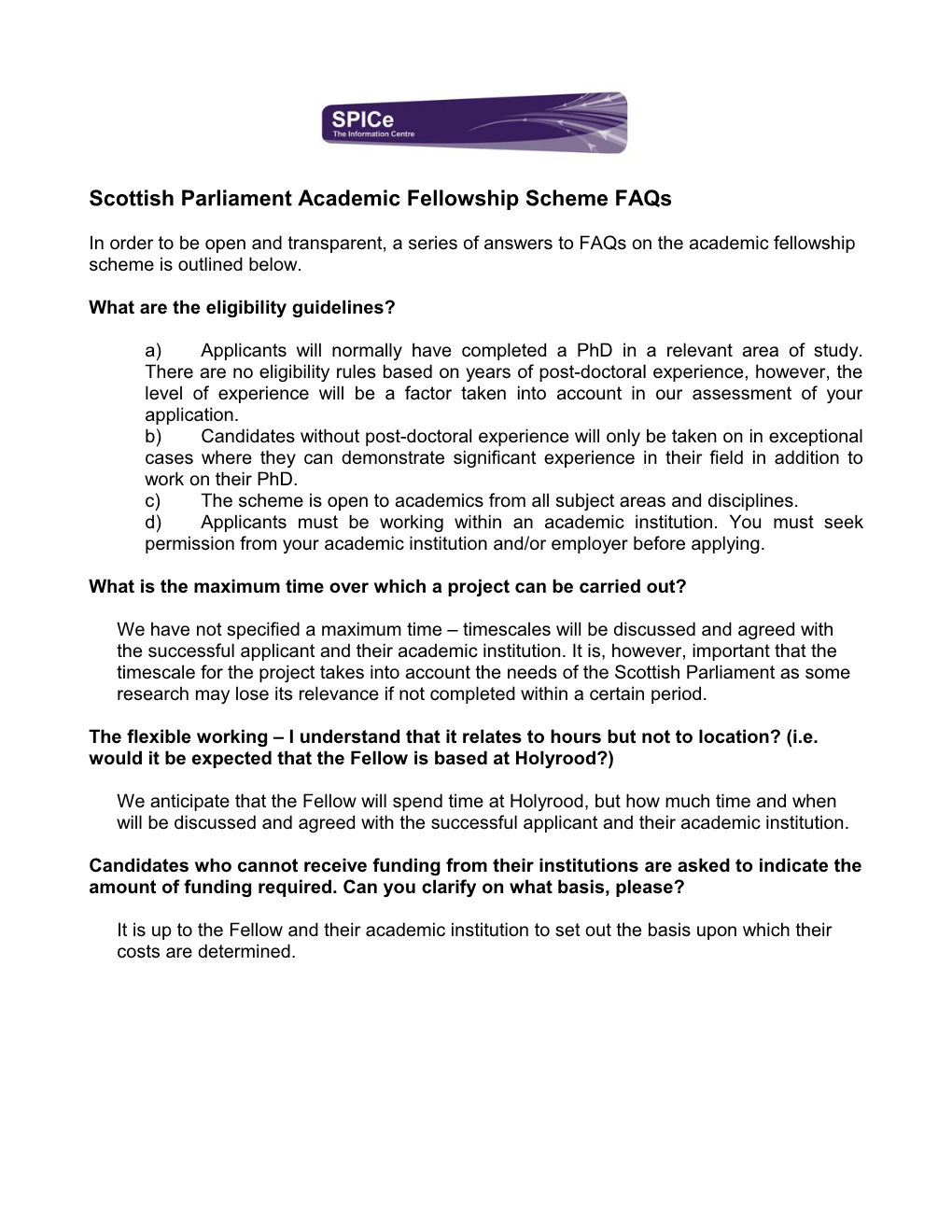 Scottish Parliament Academic Fellowship Scheme Faqs