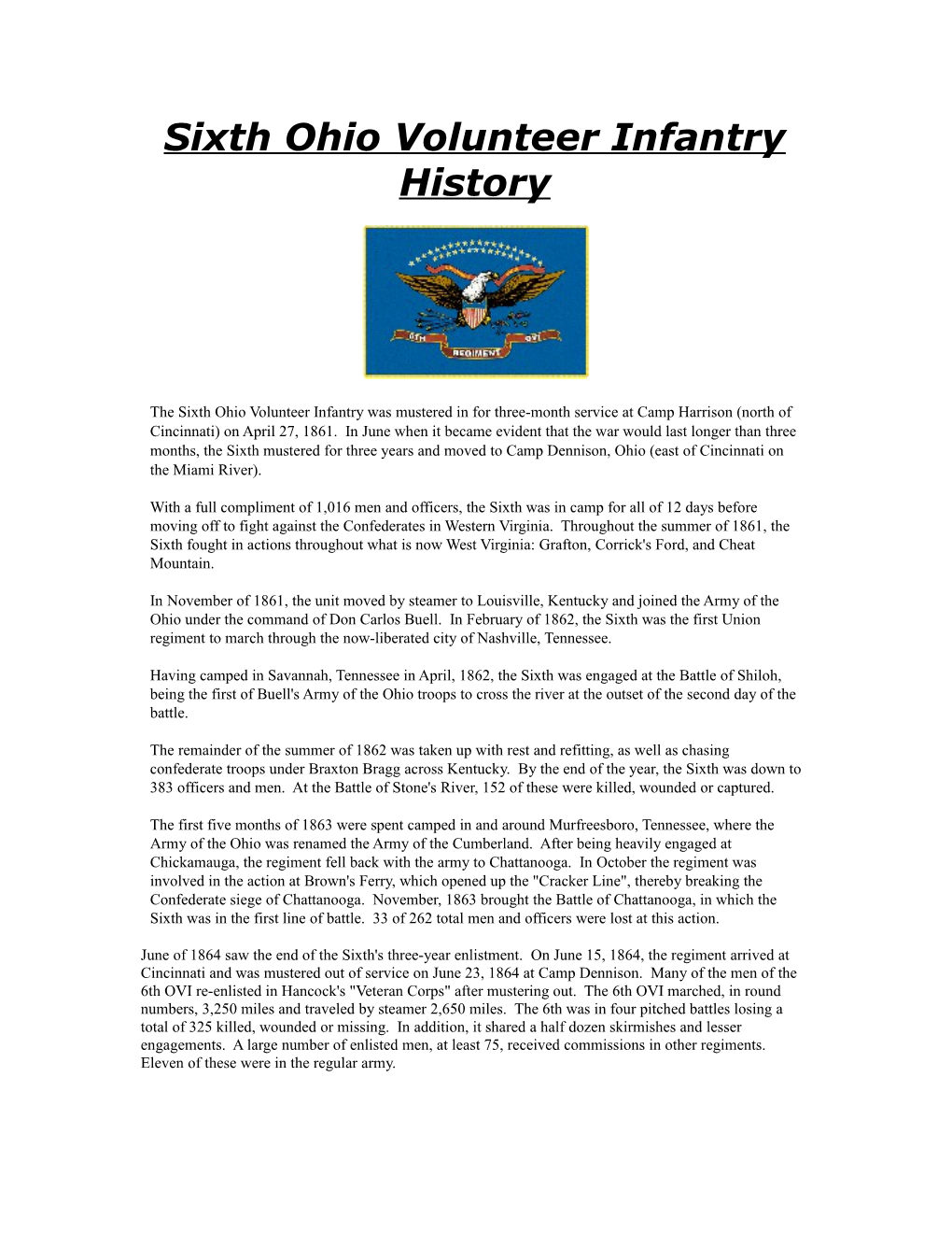 Sixth Ohio Volunteer Infantry History