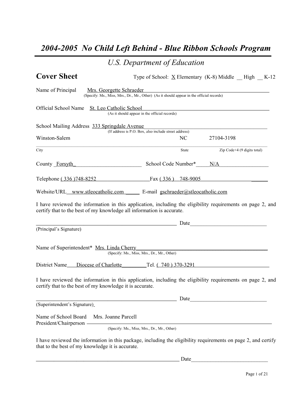 St. Leo Catholic School Application: 2004-2005, No Child Left Behind - Blue Ribbon Schools