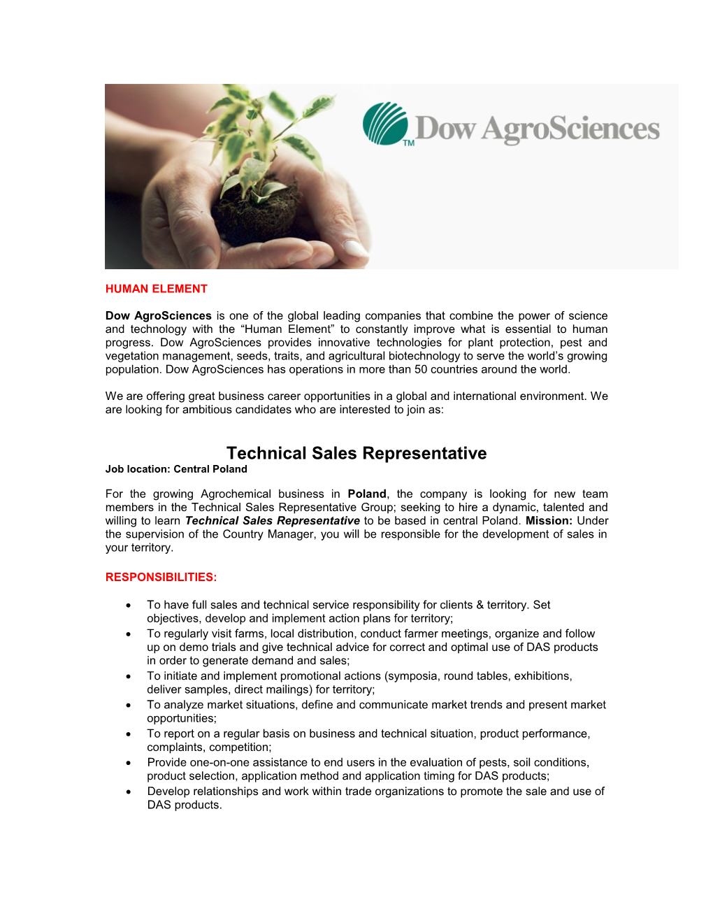 General Job Description for Dow Agrosciences Sales Representatives