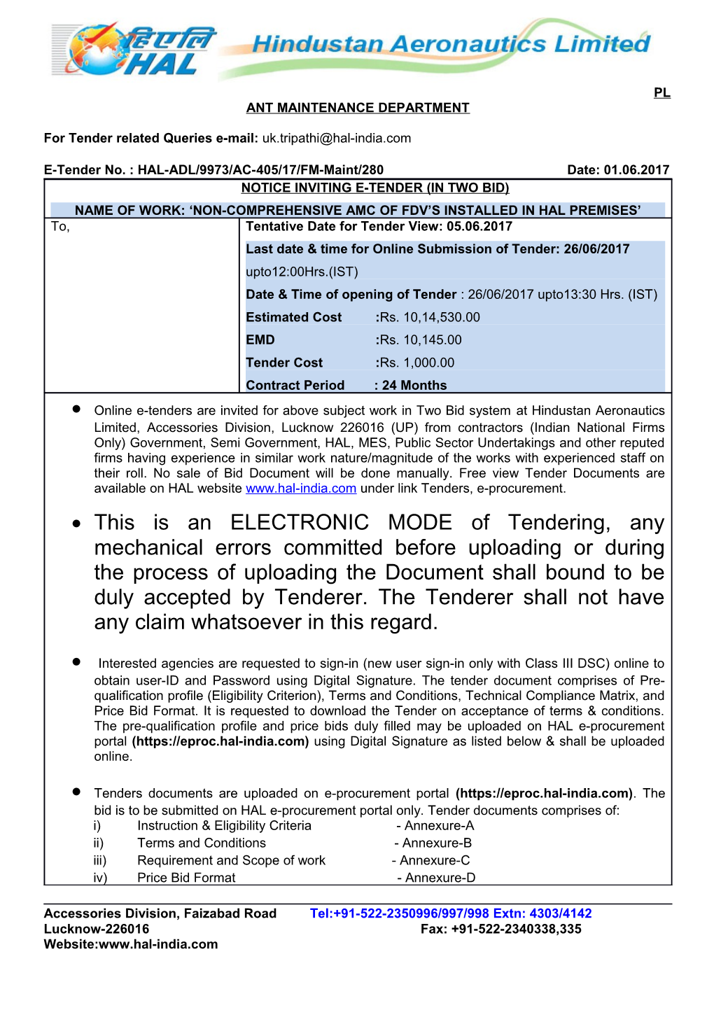 For Tender Related Queries E-Mail