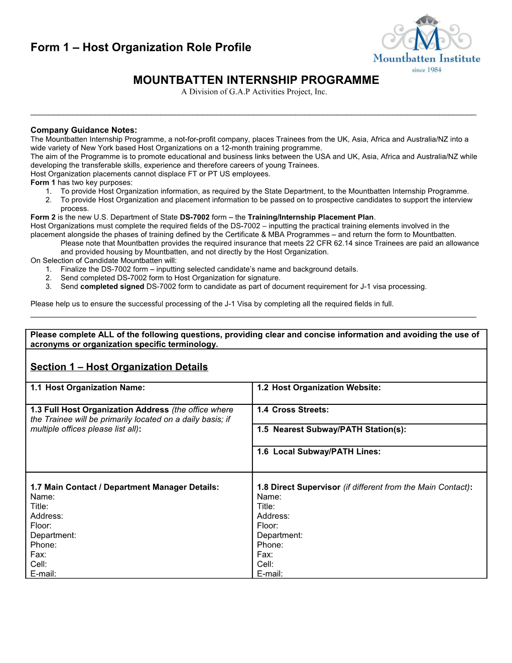 Form 1 Host Organization Role Profile