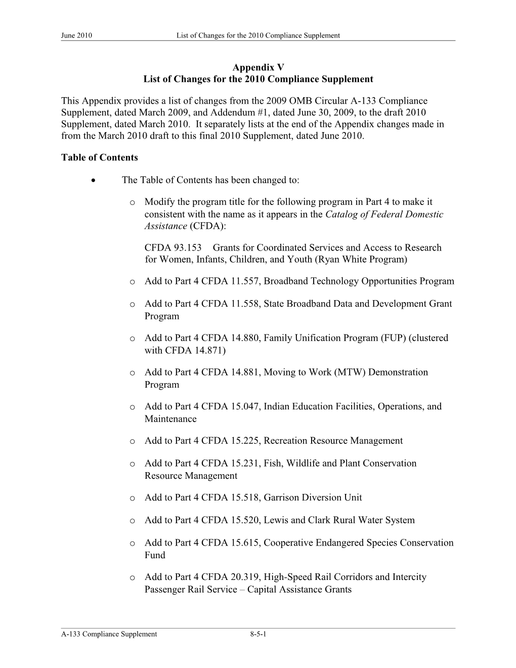 List of Changes for the 2010 Compliance Supplement