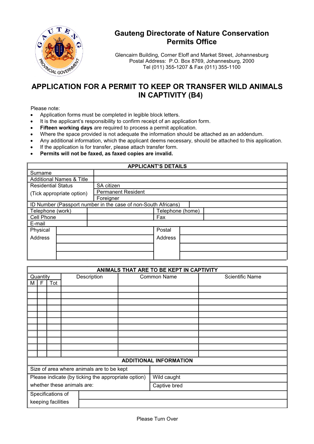 Application for a Permit to Keep Or Transfer Wild Animals in Captivity (B4)
