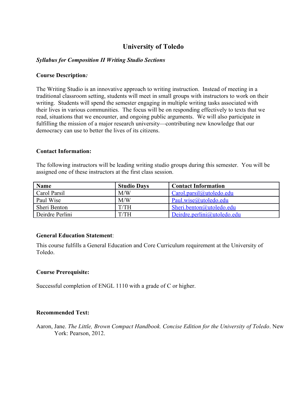Syllabus for Composition II Writing Studio Sections