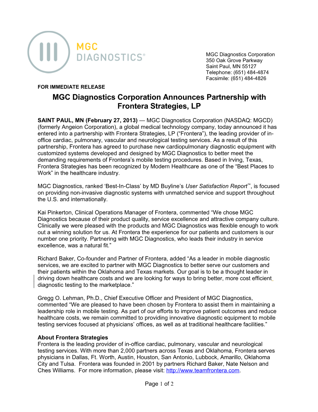 MGC Diagnostics Corporation Announces Partnership with Frontera Strategies, LP