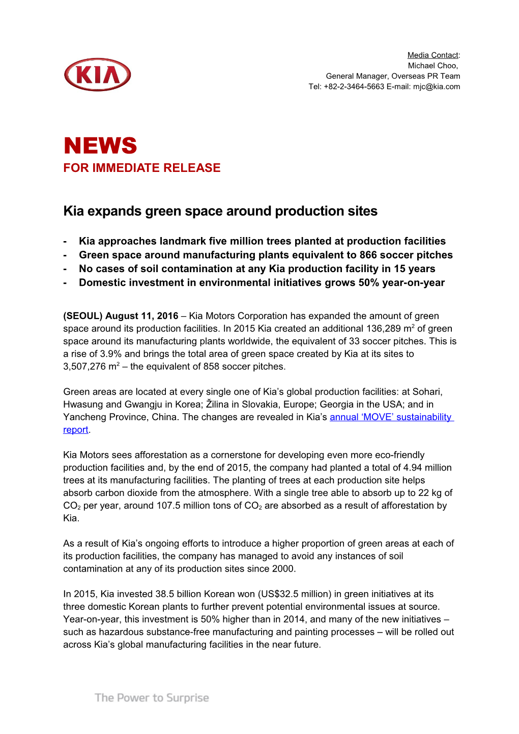 Kia Expands Green Space Around Production Sites